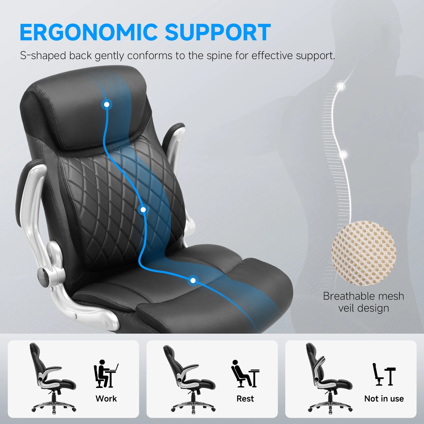 COMHOMA Ergonomic Office Chair with High Backrest, Folding Armrests, Leather Desk Chair, Adjustable Executive Swivel Chair with Lumbar Support