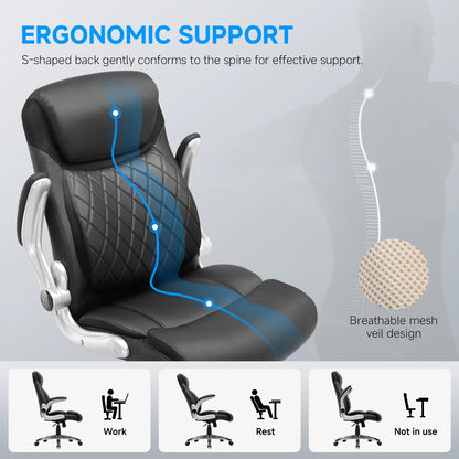 COMHOMA Ergonomic Office Chair with High Backrest, Folding Armrests, Leather Desk Chair, Adjustable Executive Swivel Chair with Lumbar Support