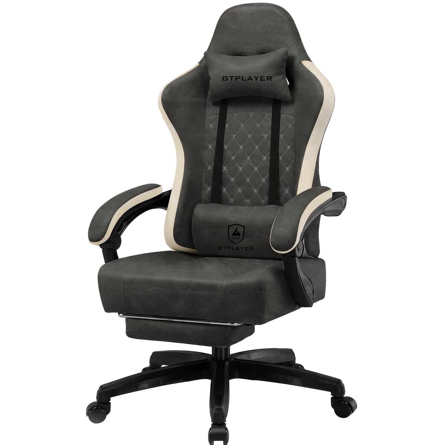 GTPLAYER Ergonomic Gaming Chair with Footrest, Faux Leather Gaming Chair, Spring Cushion Seat, Adjustable Armrests, 150KG Desk Chair