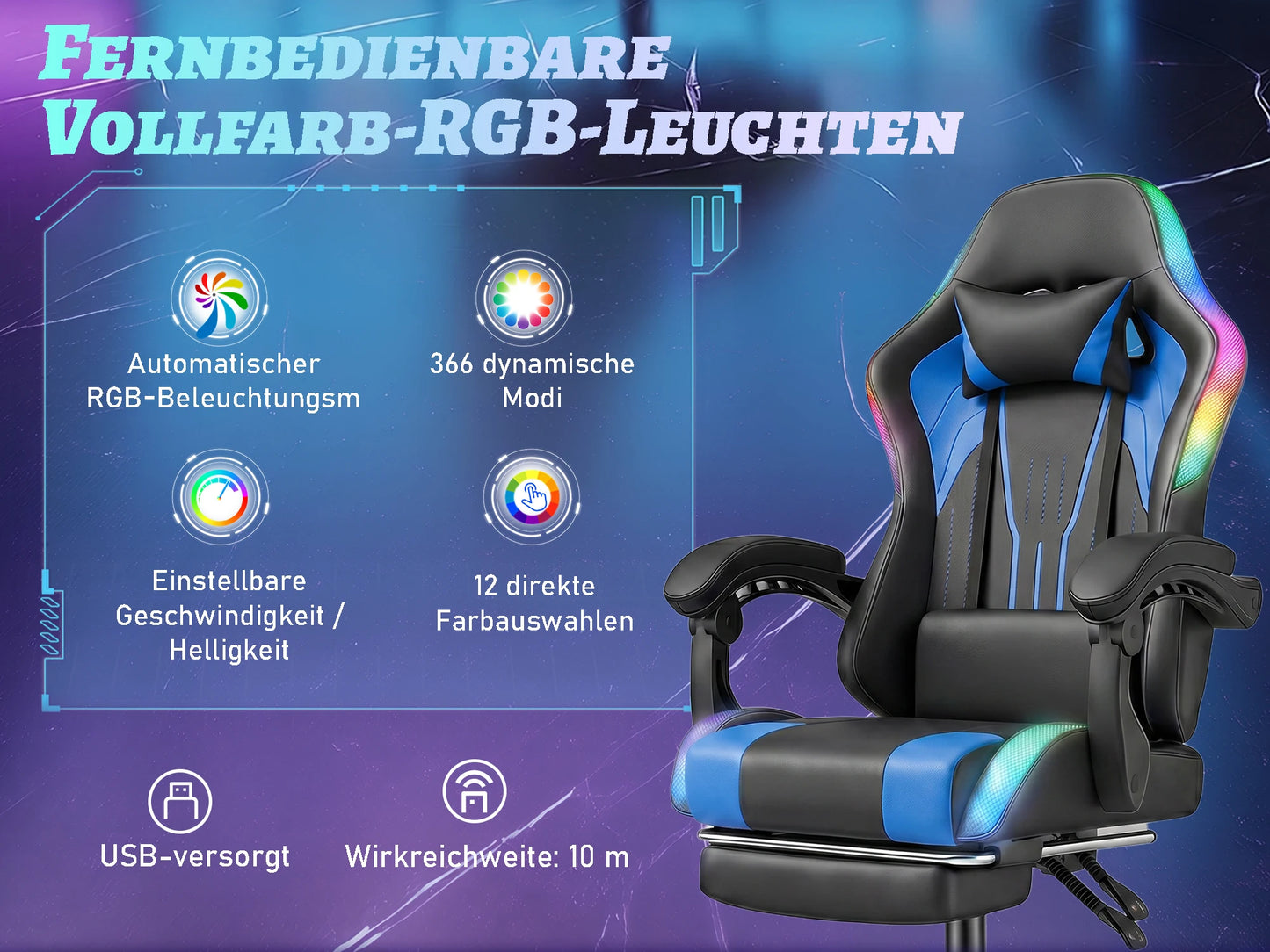 Devoko Ergonomic Gaming Chair with RGB Lighting, Footrest, Lumbar Support, Reclining Adjustable Height Computer Gaming Chair