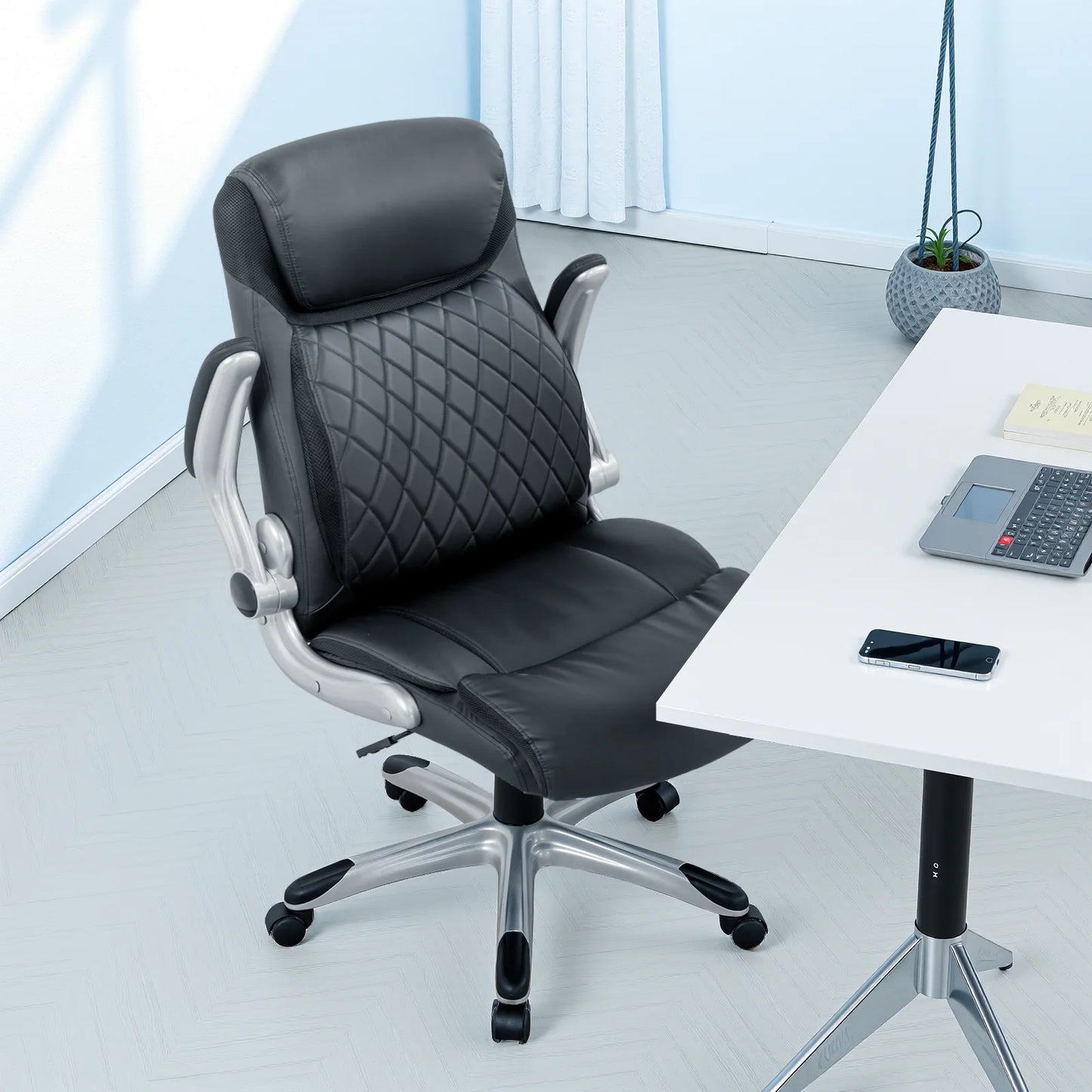 COMHOMA Ergonomic Office Chair with High Backrest, Folding Armrests, Leather Desk Chair, Adjustable Executive Swivel Chair with Lumbar Support
