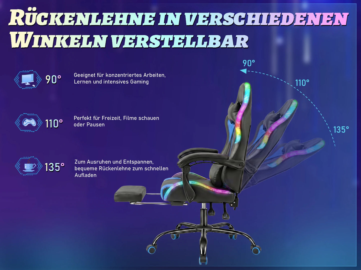 Devoko Ergonomic Gaming Chair with RGB Lighting, Footrest, Lumbar Support, Reclining Adjustable Height Computer Gaming Chair