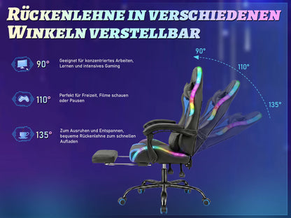 Devoko Ergonomic Gaming Chair with RGB Lighting, Footrest, Lumbar Support, Reclining Adjustable Height Computer Gaming Chair