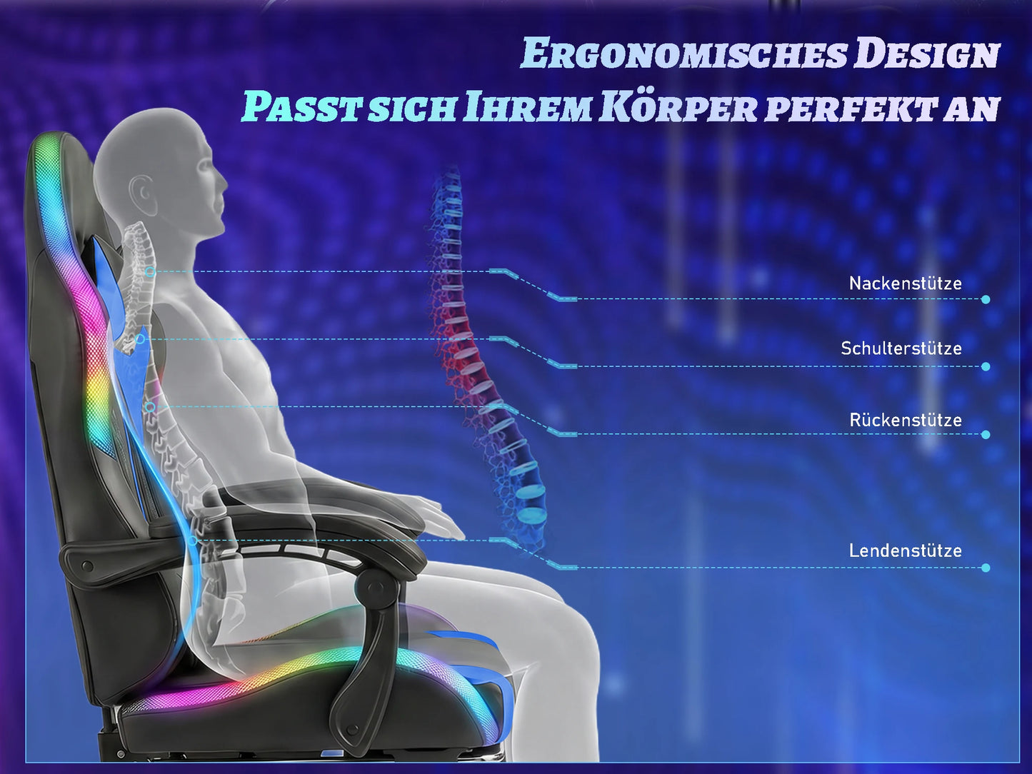 Devoko Ergonomic Gaming Chair with RGB Lighting, Footrest, Lumbar Support, Reclining Adjustable Height Computer Gaming Chair