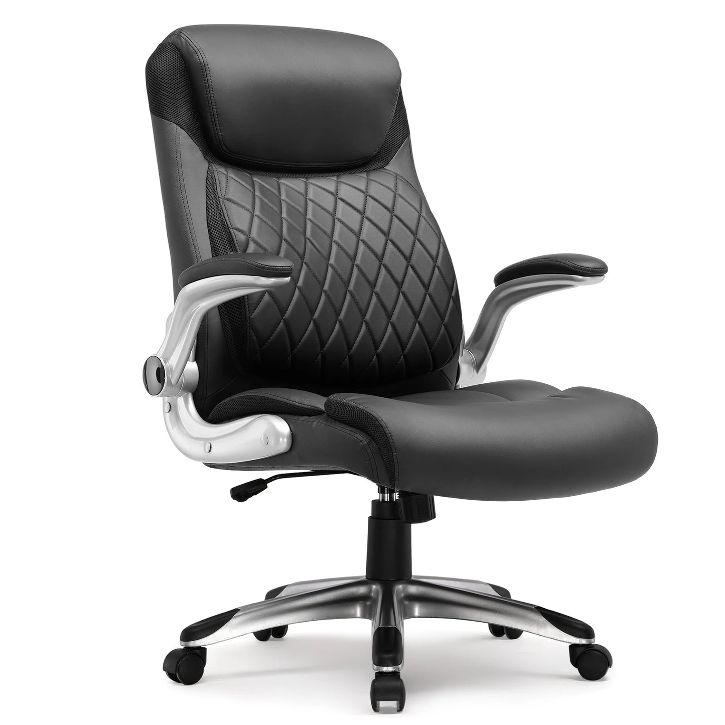 COMHOMA Ergonomic Office Chair with High Backrest, Folding Armrests, Leather Desk Chair, Adjustable Executive Swivel Chair with Lumbar Support