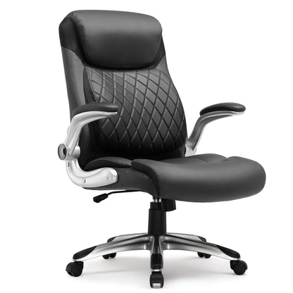 COMHOMA Ergonomic Office Chair with High Backrest, Folding Armrests, Leather Desk Chair, Adjustable Executive Swivel Chair with Lumbar Support