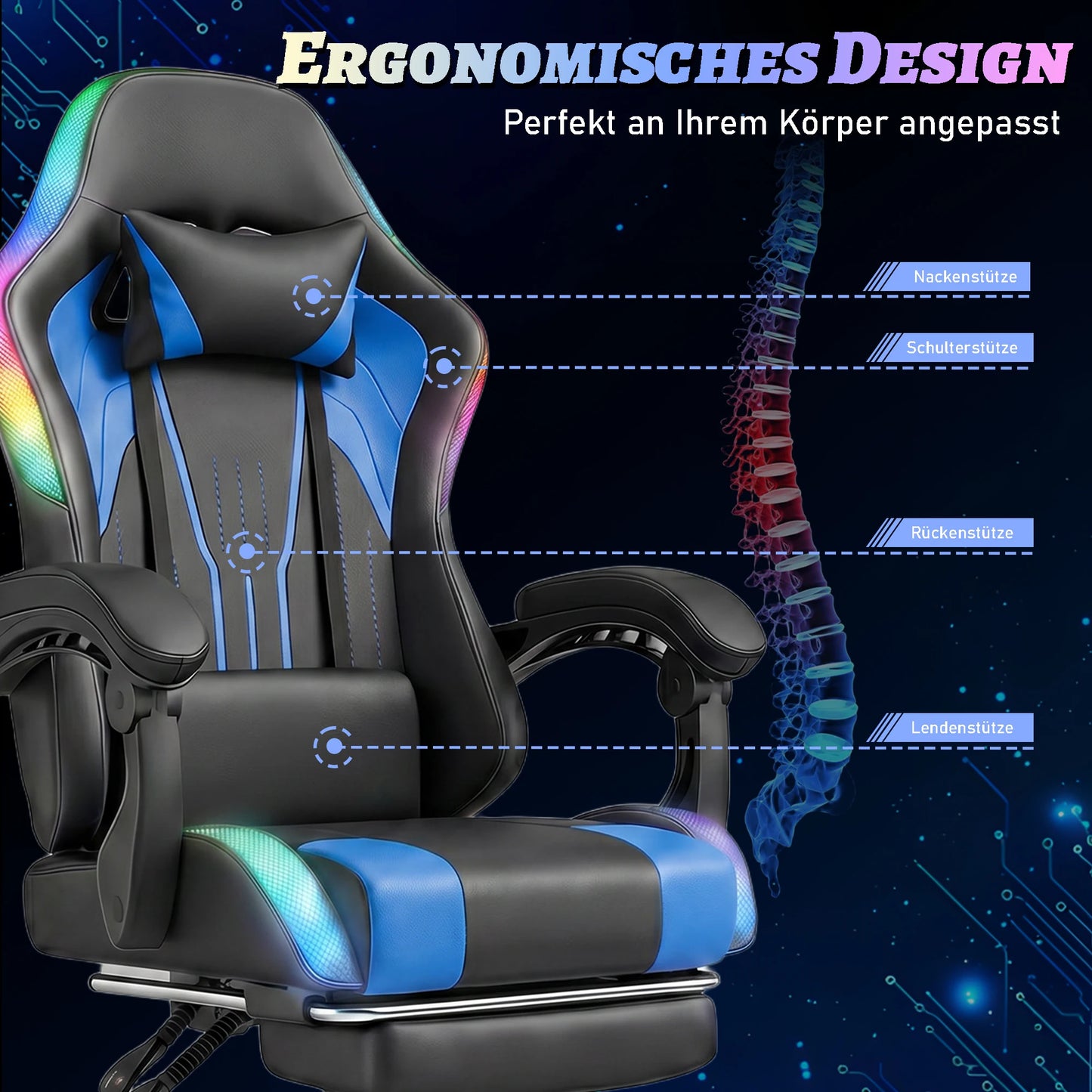 Devoko Ergonomic Gaming Chair with RGB Lighting, Footrest, Lumbar Support, Reclining Adjustable Height Computer Gaming Chair