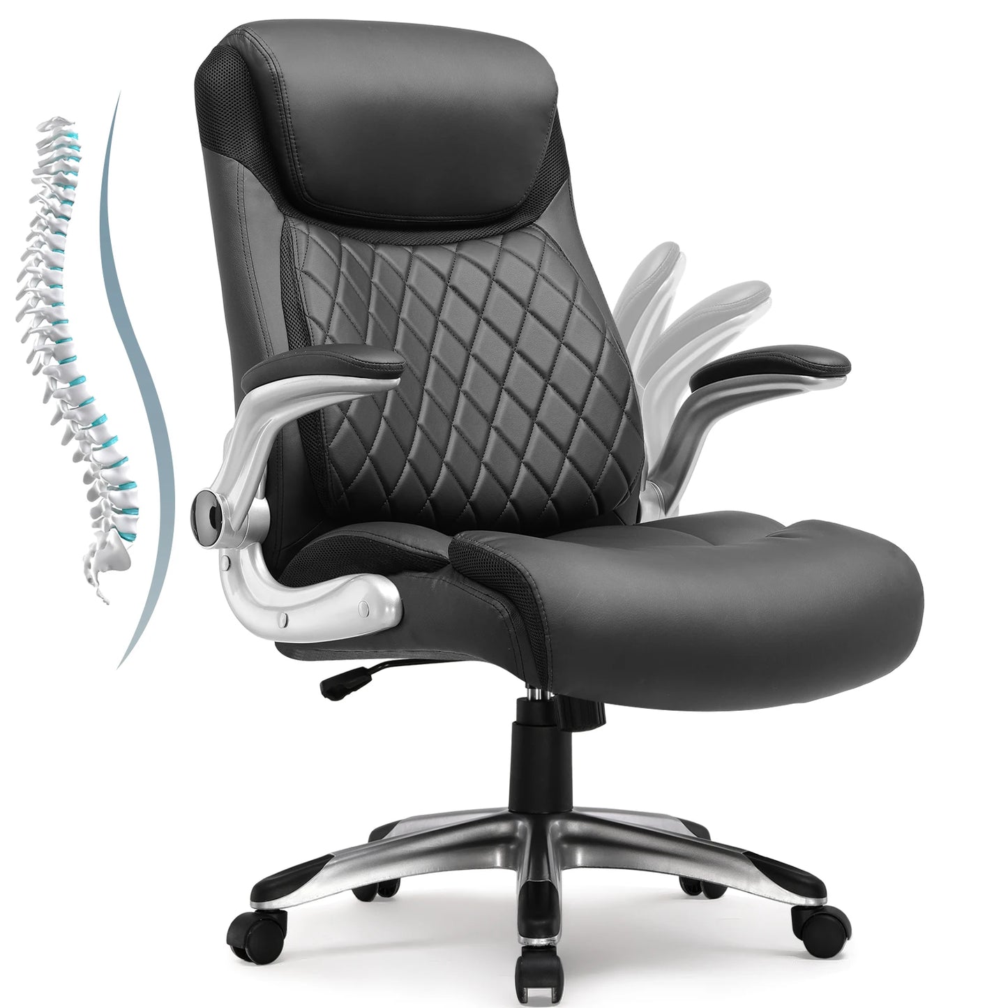 COMHOMA Ergonomic Office Chair with High Backrest, Folding Armrests, Leather Desk Chair, Adjustable Executive Swivel Chair with Lumbar Support