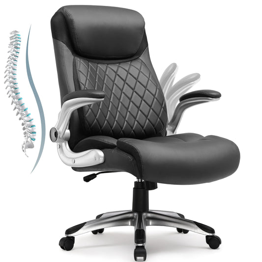 COMHOMA Ergonomic Office Chair with High Backrest, Folding Armrests, Leather Desk Chair, Adjustable Executive Swivel Chair with Lumbar Support