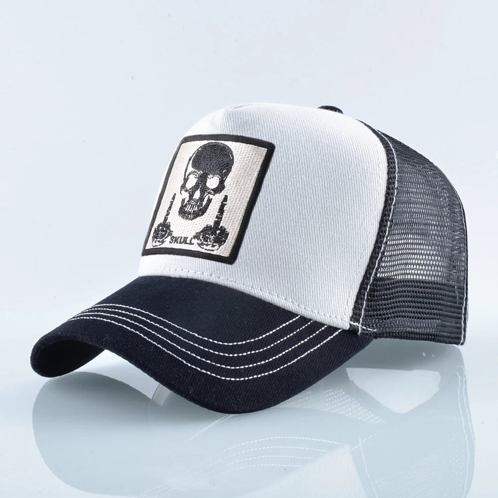 Męska czapka baseballowa z haftowaną naszywką z czaszką, czapka typu snapback w stylu hip-hopowym, czapka typu trucker dla kobiet, czapka na cztery pory roku, czapka outdoorowa z oddychającym daszkiem, czapki w kolorze kości