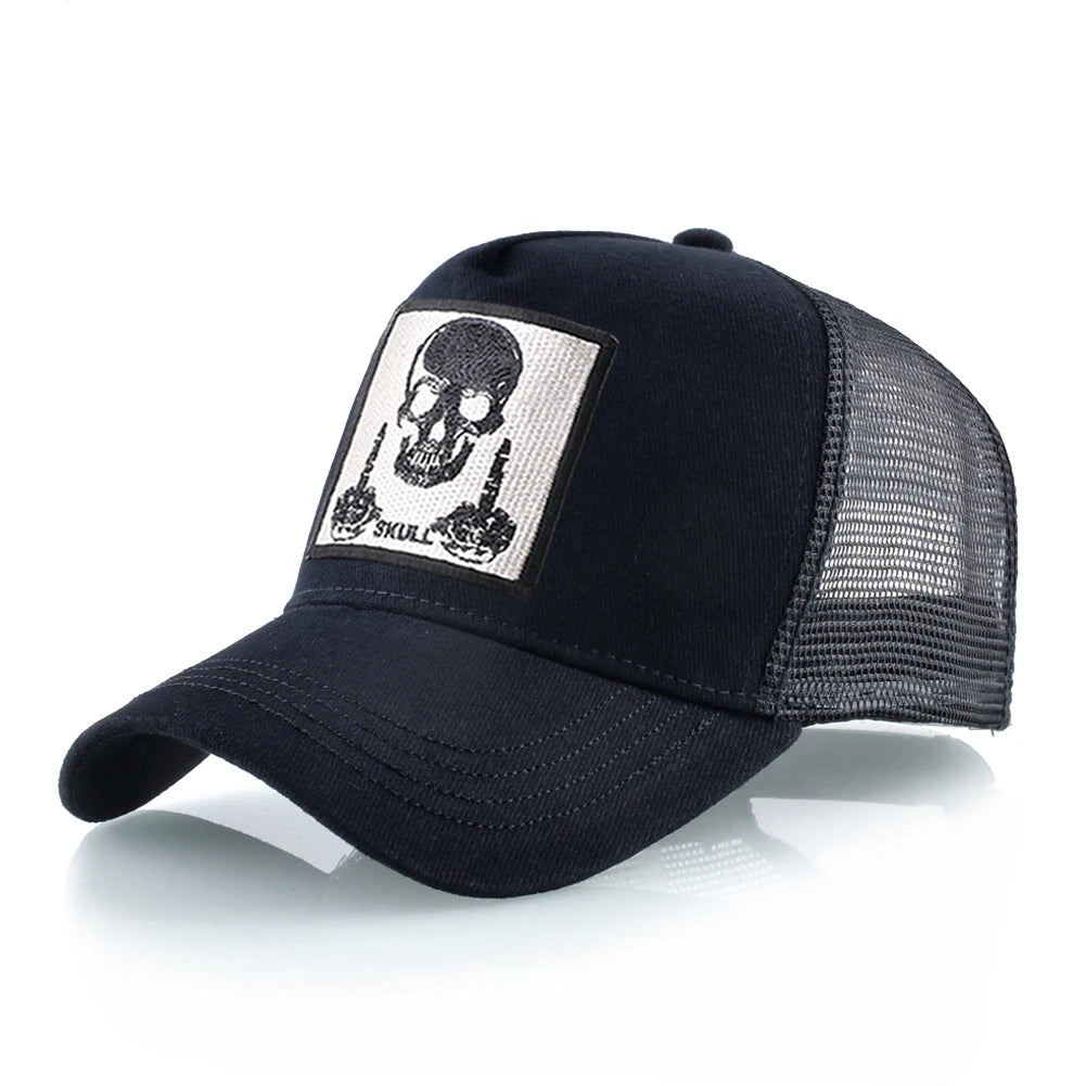 Męska czapka baseballowa z haftowaną naszywką z czaszką, czapka typu snapback w stylu hip-hopowym, czapka typu trucker dla kobiet, czapka na cztery pory roku, czapka outdoorowa z oddychającym daszkiem, czapki w kolorze kości