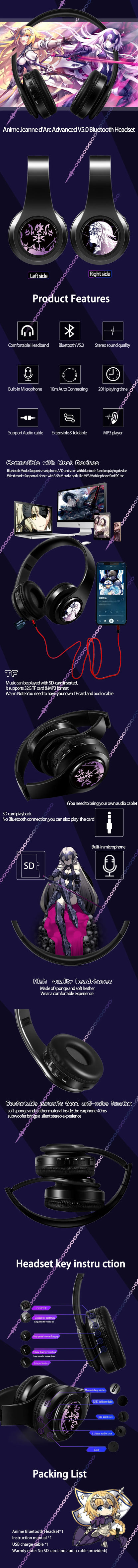 Fate Grand Order Jeanne d'Arc Anime Bluetooth Headphones Wireless Gaming Headset with Microphone, Stereo Sound, Silent Disco Earphones