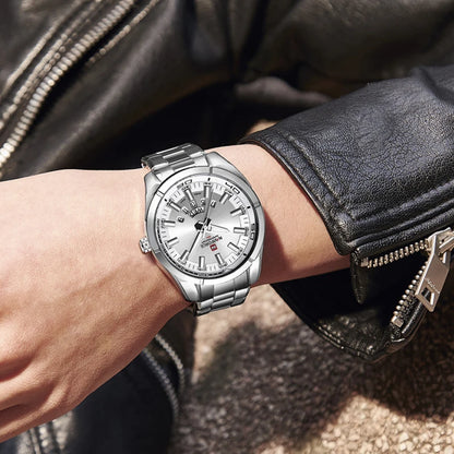 Ceas pentru bărbați NAVIFORCE, realizat integral din oțel, rezistent la apă, stil casual, mecanism cu cuarț și afișaj al datei – Ceas de mână de lux pentru bărbați, de la o marcă de renume.