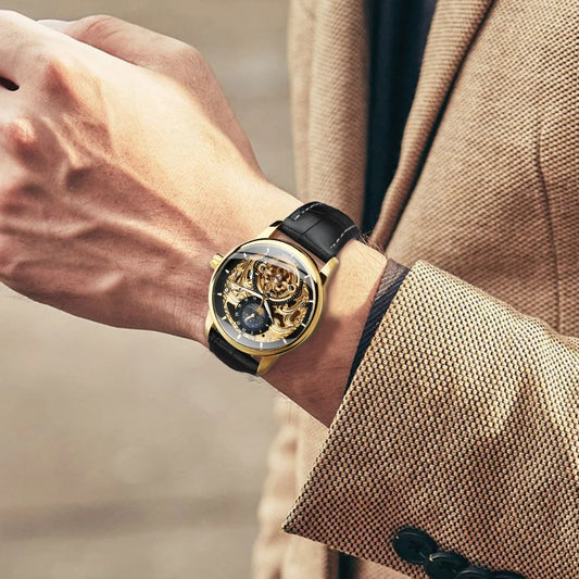 Mechanische Automatikuhr WINNER, klassischer Retro-Stil, Luxusmodell mit Tourbillon und Skelettzifferblatt, ausgestattet mit einer Mondphasenanzeige und einem Armband aus echtem Leder.
