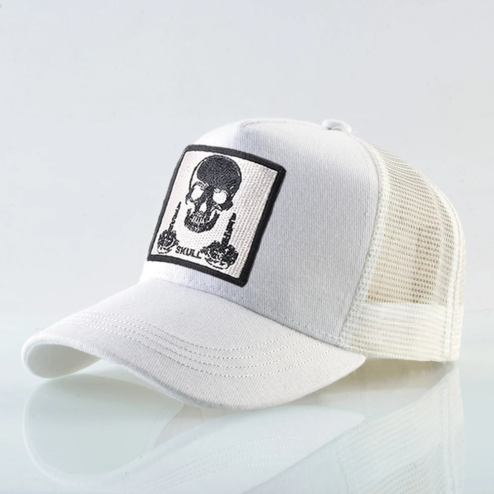 Męska czapka baseballowa z haftowaną naszywką z czaszką, czapka typu snapback w stylu hip-hopowym, czapka typu trucker dla kobiet, czapka na cztery pory roku, czapka outdoorowa z oddychającym daszkiem, czapki w kolorze kości