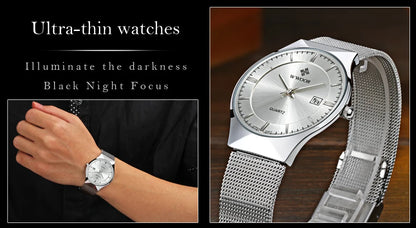 WWOOR Silver Men Watches with Mesh Steel Top Brand Luxury Ultra Thin Quartz Waterproof Date Business Wristwatch Box Montre Homme