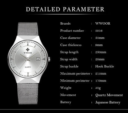 WWOOR Silver Men Watches with Mesh Steel Top Brand Luxury Ultra Thin Quartz Waterproof Date Business Wristwatch Box Montre Homme