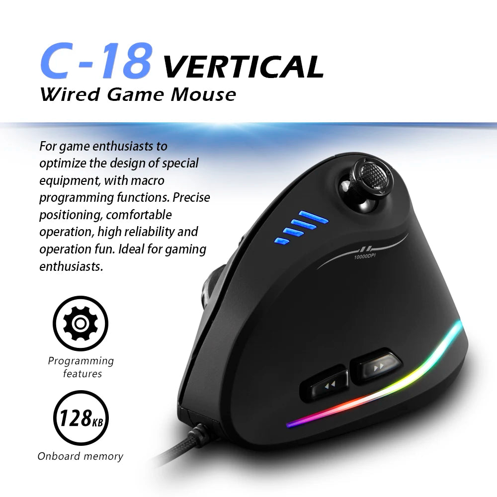 Zelotes C-18 kabelgebundene Gaming-Maus, 11 programmierbare Tasten, 10000DPI Laser-Engine, RGB-Lichtleiste, 128KB, vertikale Maus für Laptop und PC