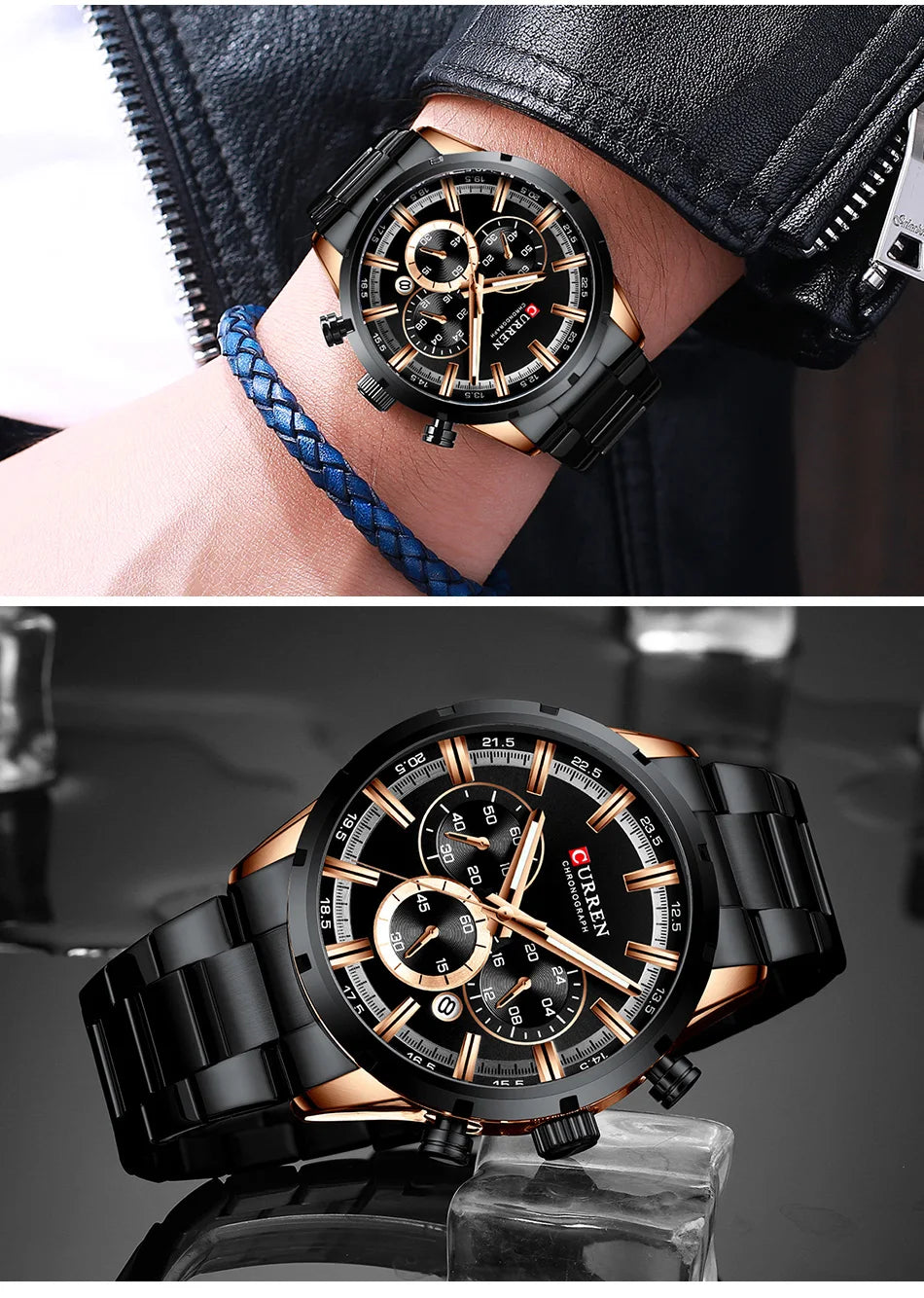 Pánske hodinky CURREN – luxusný športový chronograf, quartzový strojček, celonerezové, vodotesné