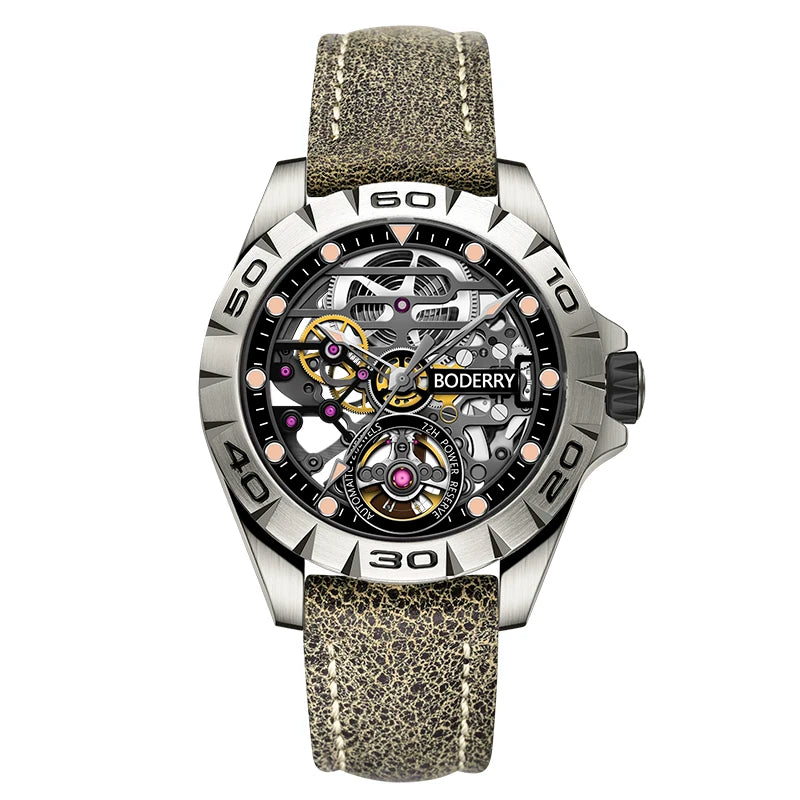Boderry Urban Men's Titanium Watches Top Brand Fashion Skeleton Automatic Mechanical Waterproof Watch Hi-beat 72H Power-reserve