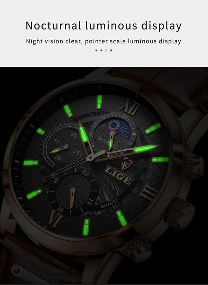 2025 New Mens Watches LIGE Top Brand Luxury Leather Casual Quartz Watch Men's Sport Waterproof Clock Watch Relogio Masculino+Box