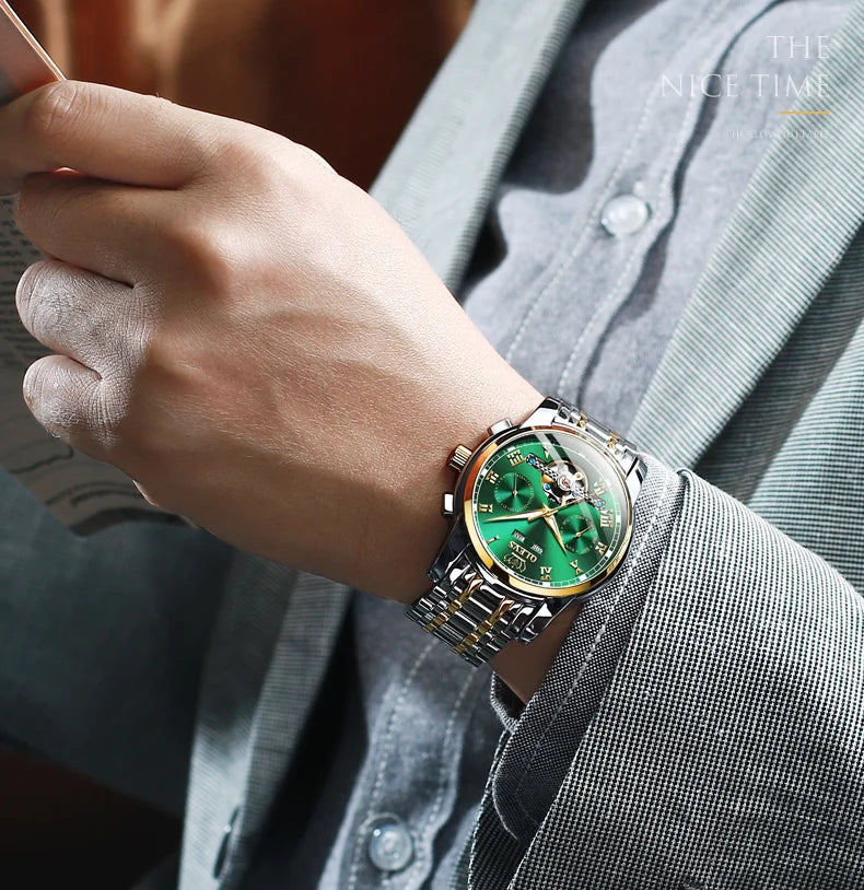 OLEVS Men's Watches Automatic Mechanical Business Wristwatch Waterproof Stainless Steel Strap Watch for Man Skeleton Calendar