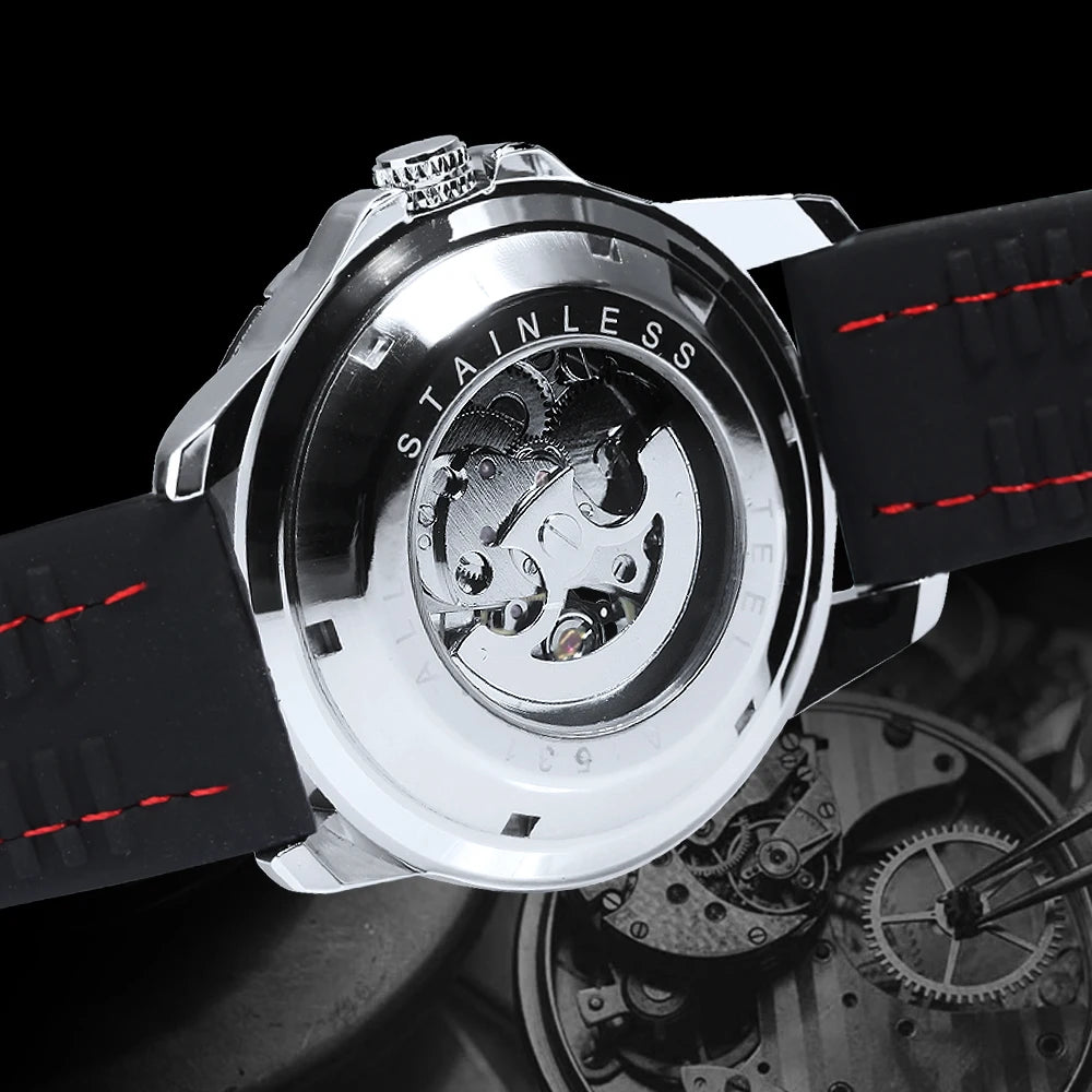 Orologio automatico da uomo WINNER – Modello meccanico scheletrato, lancette luminescenti, cinturino in gomma, stile sportivo e lussuoso, ideale per le attività all’aria aperta
