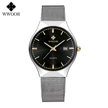 WWOOR Silver Men Watches with Mesh Steel Top Brand Luxury Ultra Thin Quartz Waterproof Date Business Wristwatch Box Montre Homme