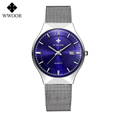 WWOOR Silver Men Watches with Mesh Steel Top Brand Luxury Ultra Thin Quartz Waterproof Date Business Wristwatch Box Montre Homme
