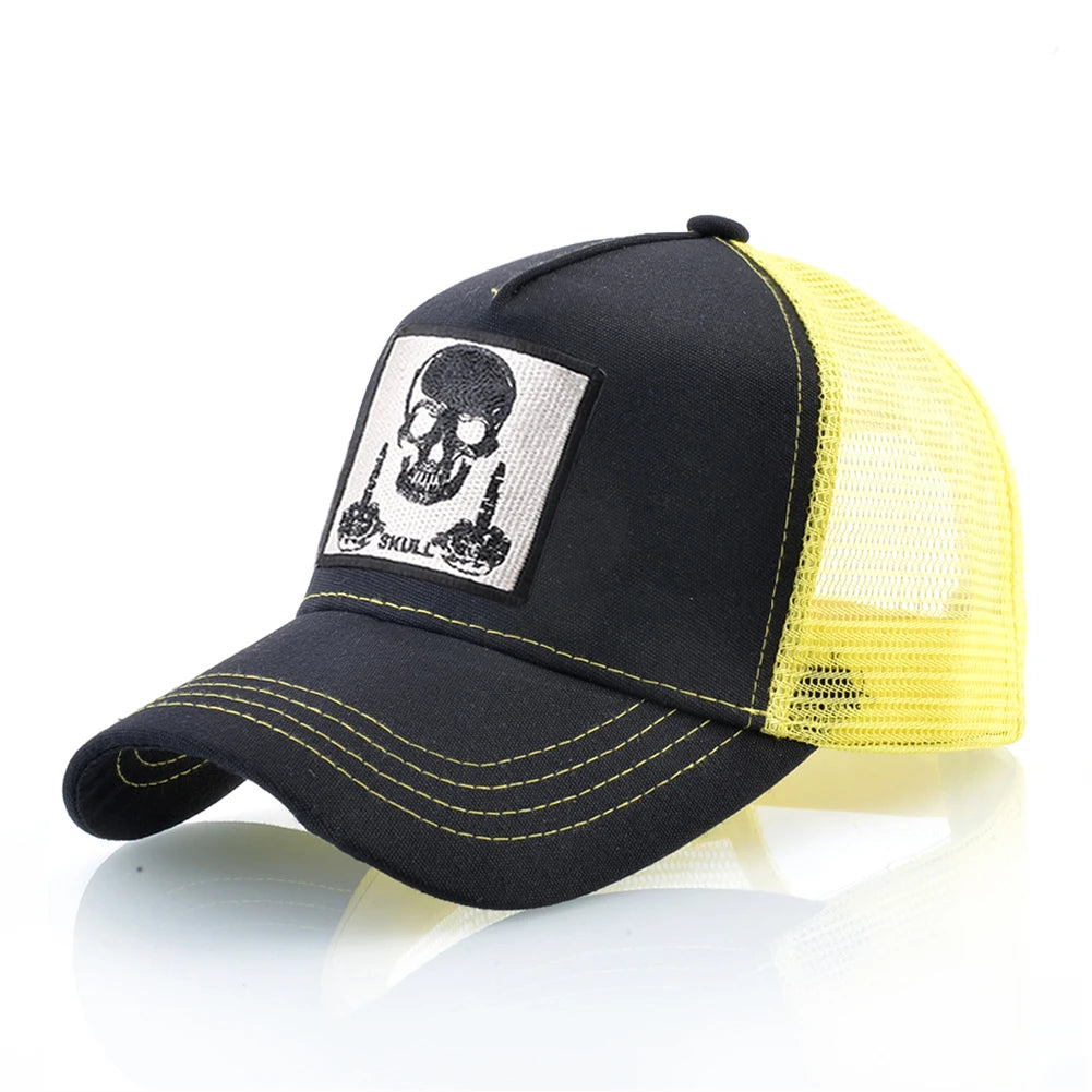 Męska czapka baseballowa z haftowaną naszywką z czaszką, czapka typu snapback w stylu hip-hopowym, czapka typu trucker dla kobiet, czapka na cztery pory roku, czapka outdoorowa z oddychającym daszkiem, czapki w kolorze kości