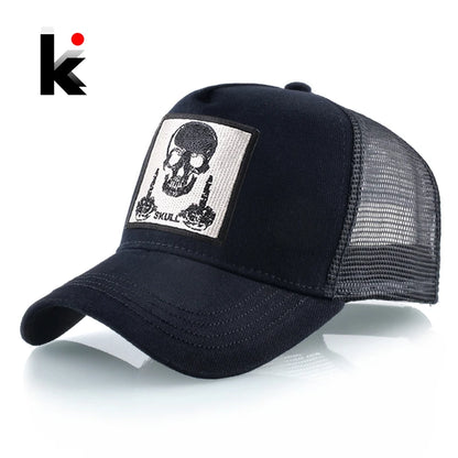 Męska czapka baseballowa z haftowaną naszywką z czaszką, czapka typu snapback w stylu hip-hopowym, czapka typu trucker dla kobiet, czapka na cztery pory roku, czapka outdoorowa z oddychającym daszkiem, czapki w kolorze kości