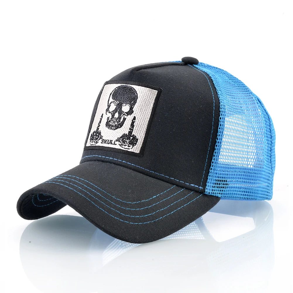 Męska czapka baseballowa z haftowaną naszywką z czaszką, czapka typu snapback w stylu hip-hopowym, czapka typu trucker dla kobiet, czapka na cztery pory roku, czapka outdoorowa z oddychającym daszkiem, czapki w kolorze kości