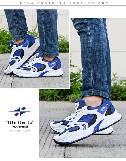 BONA New Designers Action Leather Mesh Men Running Shoes Sneakers Trainers Lightweight Antiskid Outdoor Walking Shoes Man