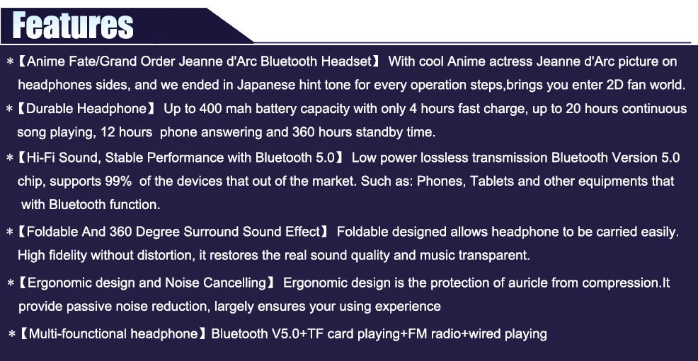 Fate Grand Order Jeanne d'Arc Anime Bluetooth Headphones Wireless Gaming Headset with Microphone, Stereo Sound, Silent Disco Earphones