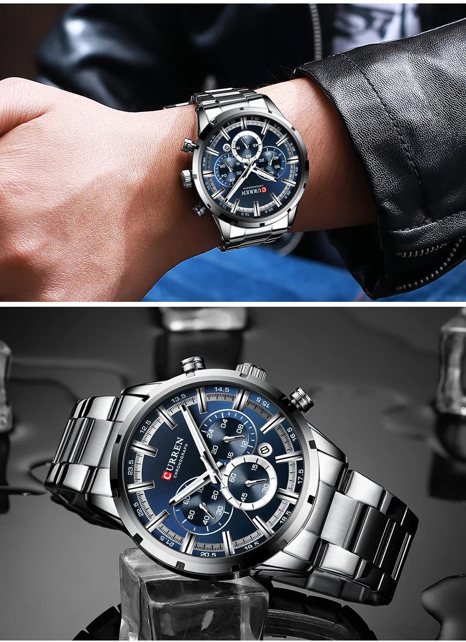 Pánske hodinky CURREN – luxusný športový chronograf, quartzový strojček, celonerezové, vodotesné