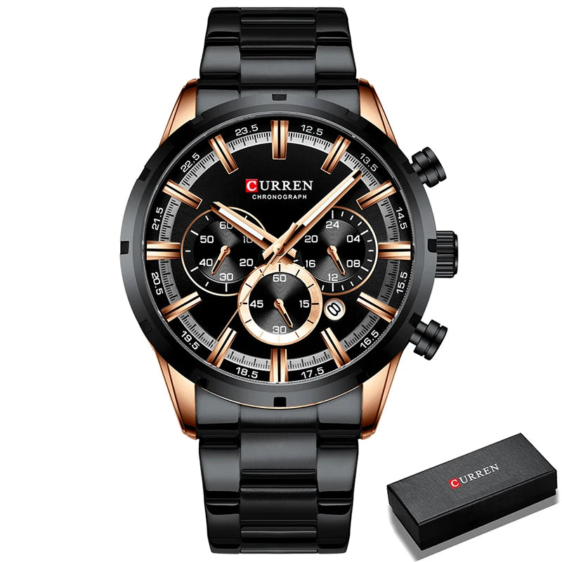 Pánske hodinky CURREN – luxusný športový chronograf, quartzový strojček, celonerezové, vodotesné