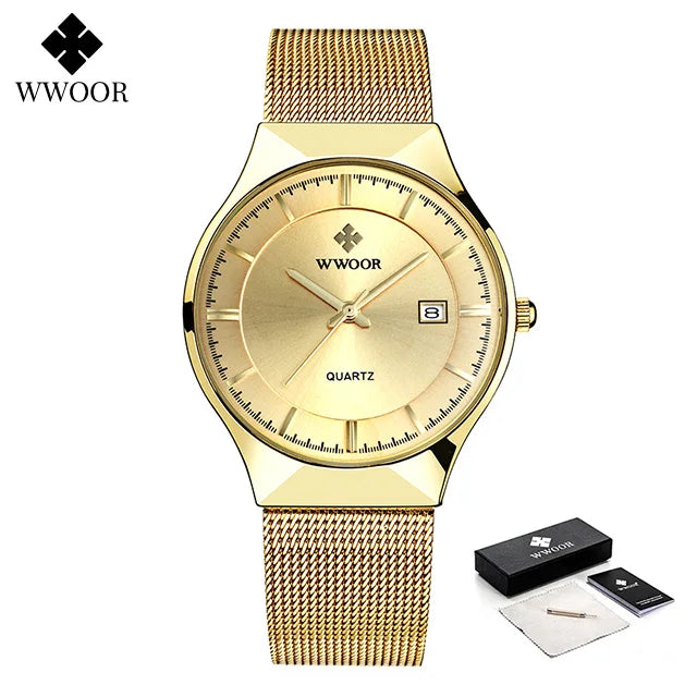 WWOOR Silver Men Watches with Mesh Steel Top Brand Luxury Ultra Thin Quartz Waterproof Date Business Wristwatch Box Montre Homme