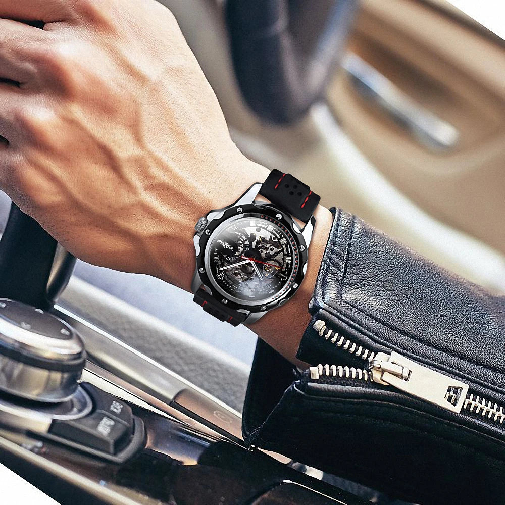 Orologio automatico da uomo WINNER – Modello meccanico scheletrato, lancette luminescenti, cinturino in gomma, stile sportivo e lussuoso, ideale per le attività all’aria aperta