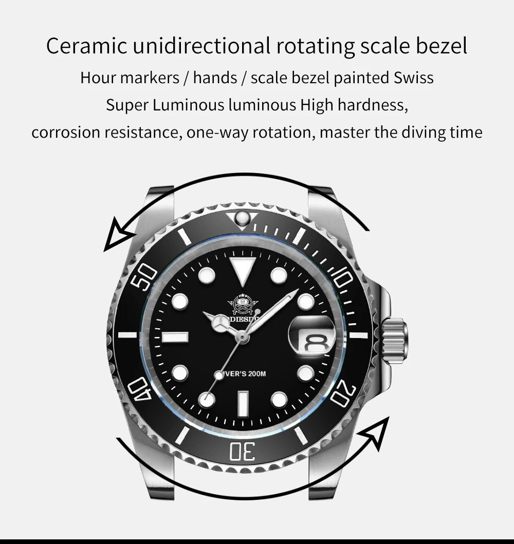 ADDIESDIVE Luxury Men's Watch Ceramic bezel BGW9 Super Bright Luminous Leisure Quartz Watch 200m Waterproof Outdoor Sports Watch