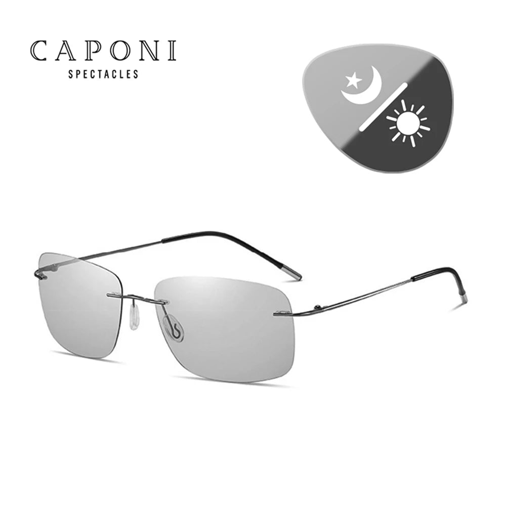 CAPONI Square Sun Glasses For Men Photochromic Polarized Rimless Sunglasses Classic Design High Quality Eyewear UV400 BS7467