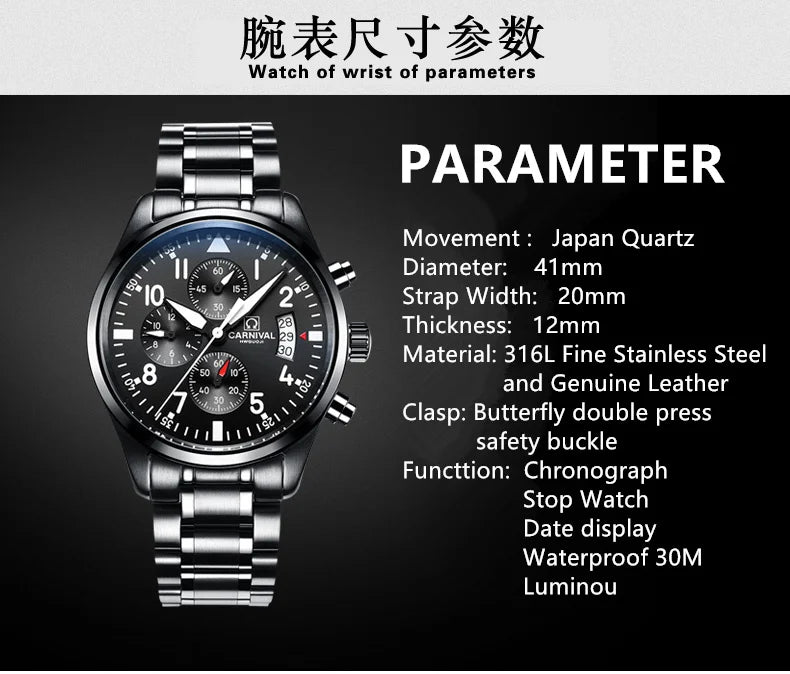 Chronograph luminous military running sport full steel men stop watch genuine leather strap luxury brand watches sapphire reloj