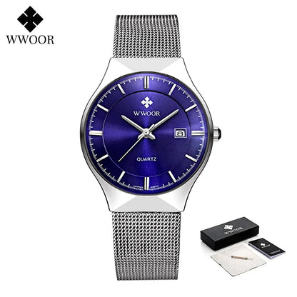 WWOOR Silver Men Watches with Mesh Steel Top Brand Luxury Ultra Thin Quartz Waterproof Date Business Wristwatch Box Montre Homme