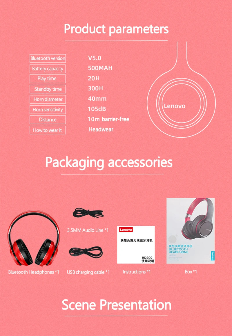 Cuffie Over-Ear Bluetooth Wireless Lenovo HD200 – Headset Gaming Stereo HiFi con Cancellazione del Rumore e Microfono