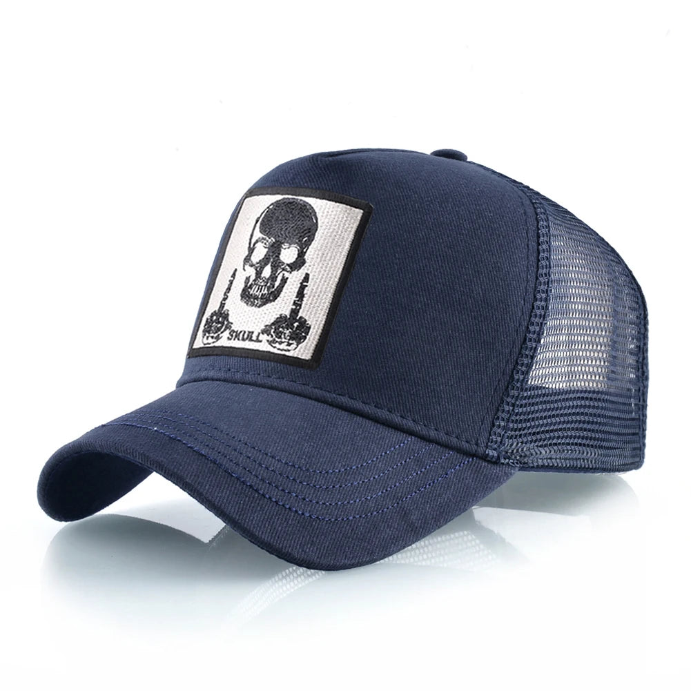 Męska czapka baseballowa z haftowaną naszywką z czaszką, czapka typu snapback w stylu hip-hopowym, czapka typu trucker dla kobiet, czapka na cztery pory roku, czapka outdoorowa z oddychającym daszkiem, czapki w kolorze kości