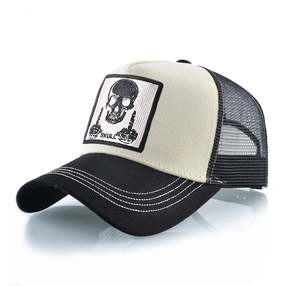 Męska czapka baseballowa z haftowaną naszywką z czaszką, czapka typu snapback w stylu hip-hopowym, czapka typu trucker dla kobiet, czapka na cztery pory roku, czapka outdoorowa z oddychającym daszkiem, czapki w kolorze kości