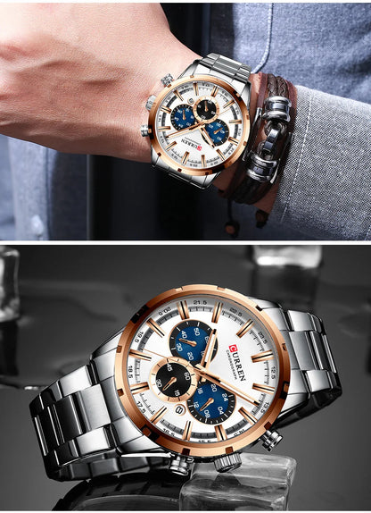 Pánske hodinky CURREN – luxusný športový chronograf, quartzový strojček, celonerezové, vodotesné