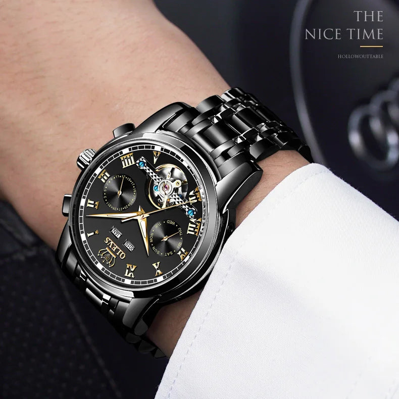 OLEVS Men's Watches Automatic Mechanical Business Wristwatch Waterproof Stainless Steel Strap Watch for Man Skeleton Calendar