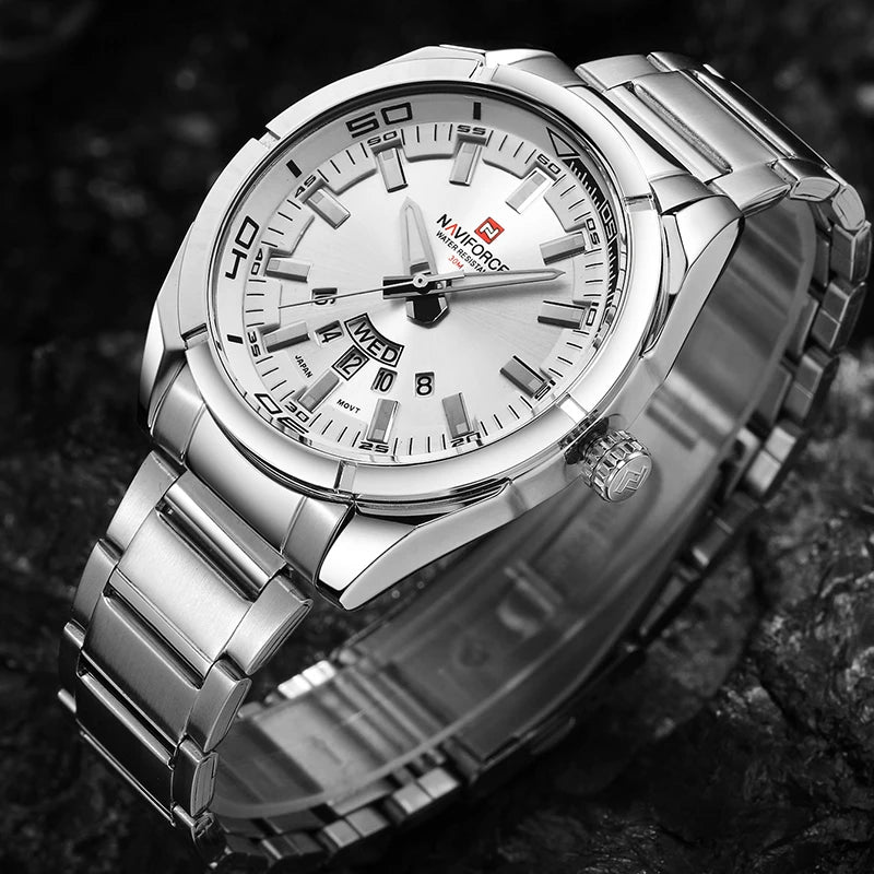 Ceas pentru bărbați NAVIFORCE, realizat integral din oțel, rezistent la apă, stil casual, mecanism cu cuarț și afișaj al datei – Ceas de mână de lux pentru bărbați, de la o marcă de renume.
