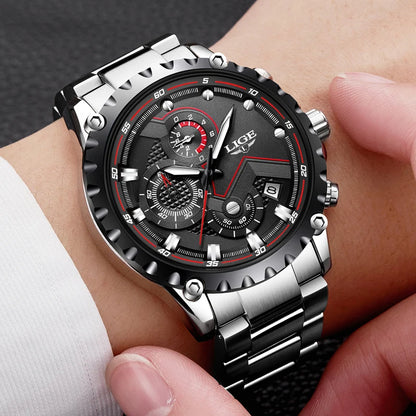 LIGE herrklocka – Trendig kvartsklocka, lyxmärke, helt i stål, professionell stil, vattentät och sportig – Levereras med ask