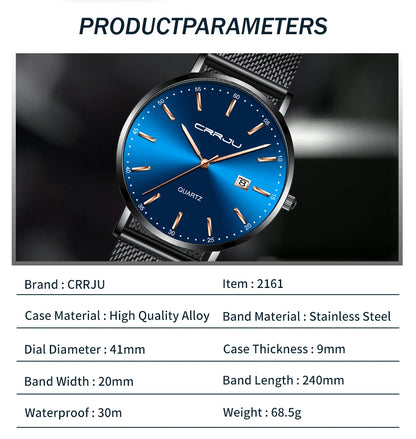 reloj hombre CRRJU Top Brand Luxury Blue Waterproof Watches Slim Stylish Date Casual Quartz Watch Men Sports Mesh Strap Clock
